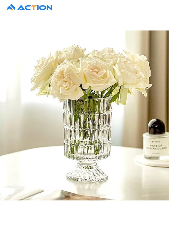 ACTION 7” Embossed Crystal Glass Vase – Transparent Pedestal Base Flower Vase, Hydroponic Bouquet Vase for Home, Office, Wedding & Table Decor (Long Rhombus Pattern) - Image 3